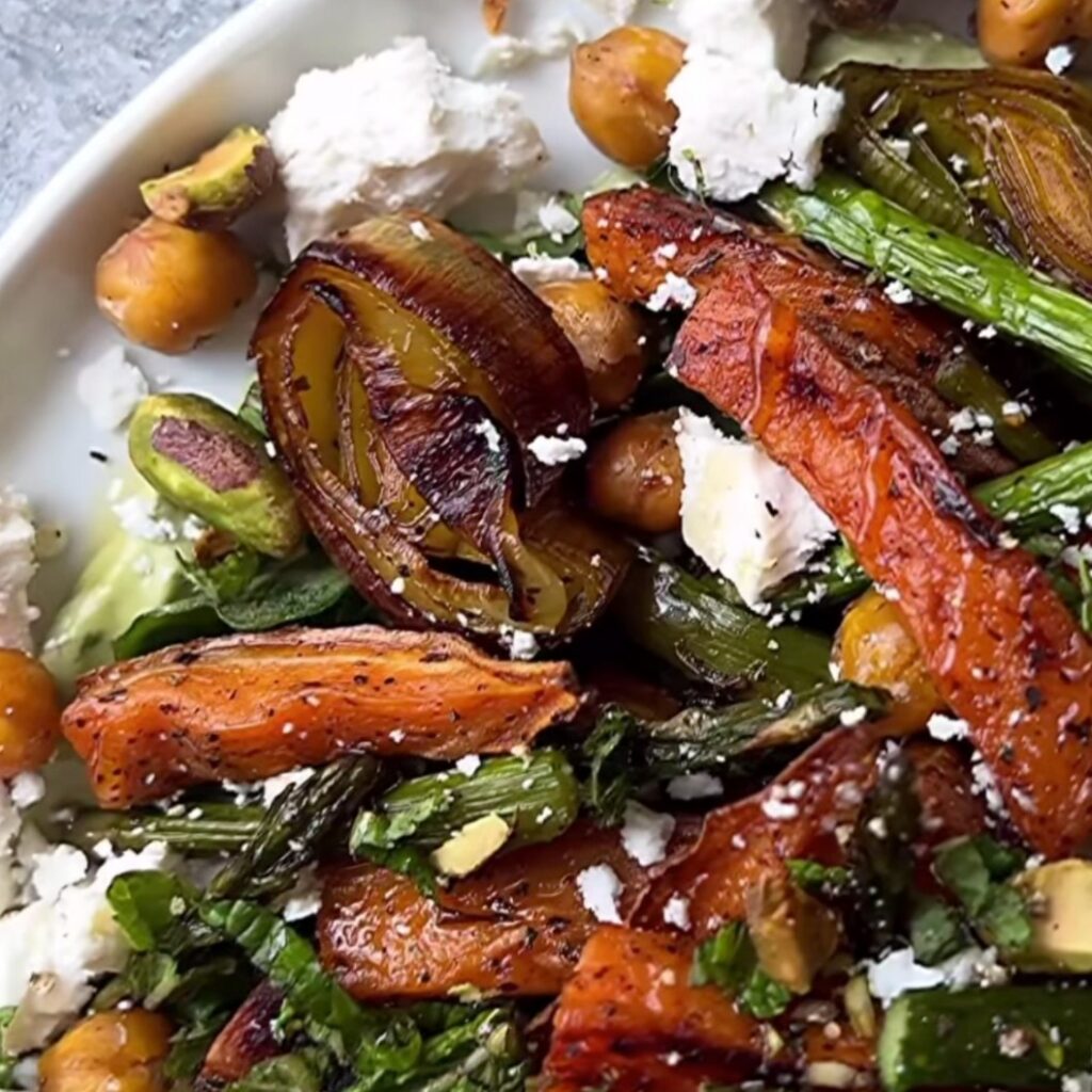 Spring Roasted Sweet Potato & Asparagus with Crispy Onion Chickpeas & Whipped Avocado - Featured