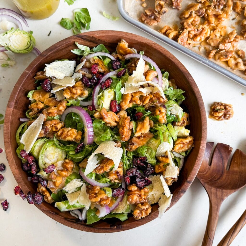 Brussels Sprout Salad with Candied Walnuts & Mustard Dressing - Featured